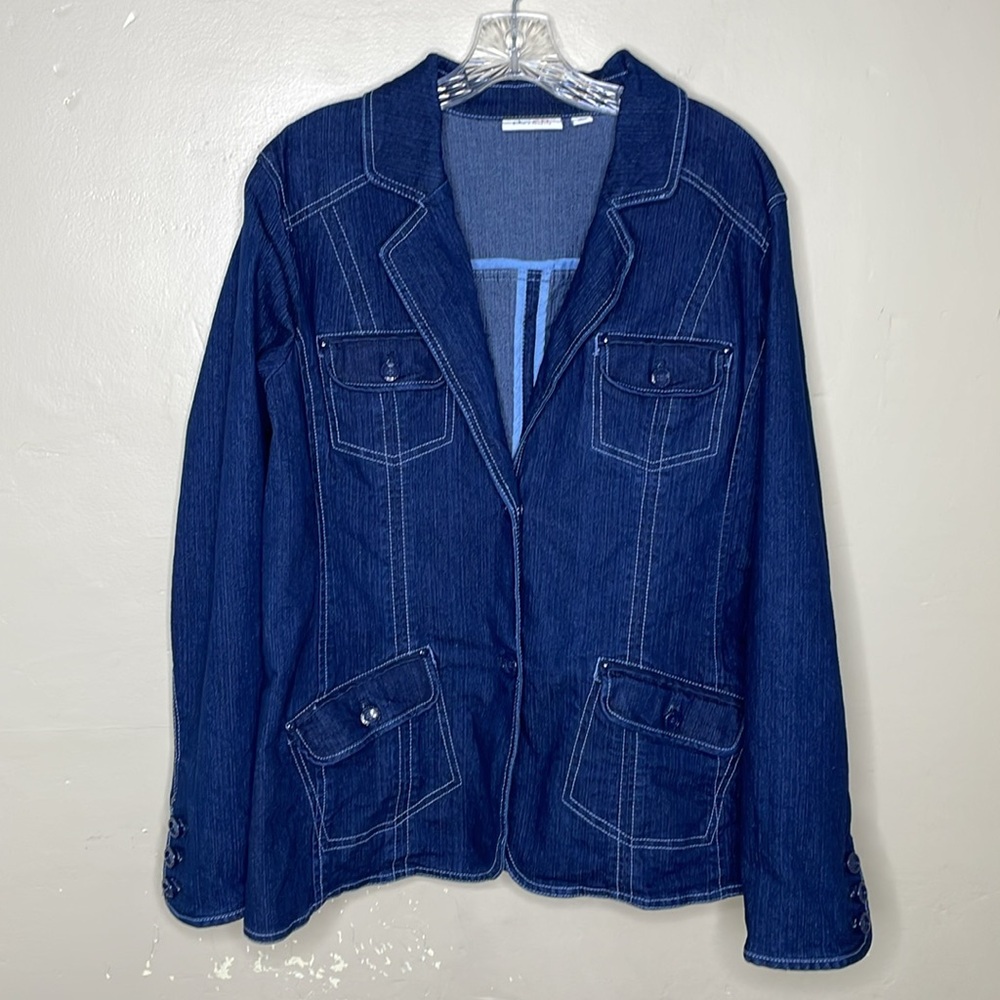 Denim & Co Jean Jacket Blue Stretchy Button Front Accent Stitching QVC A95142